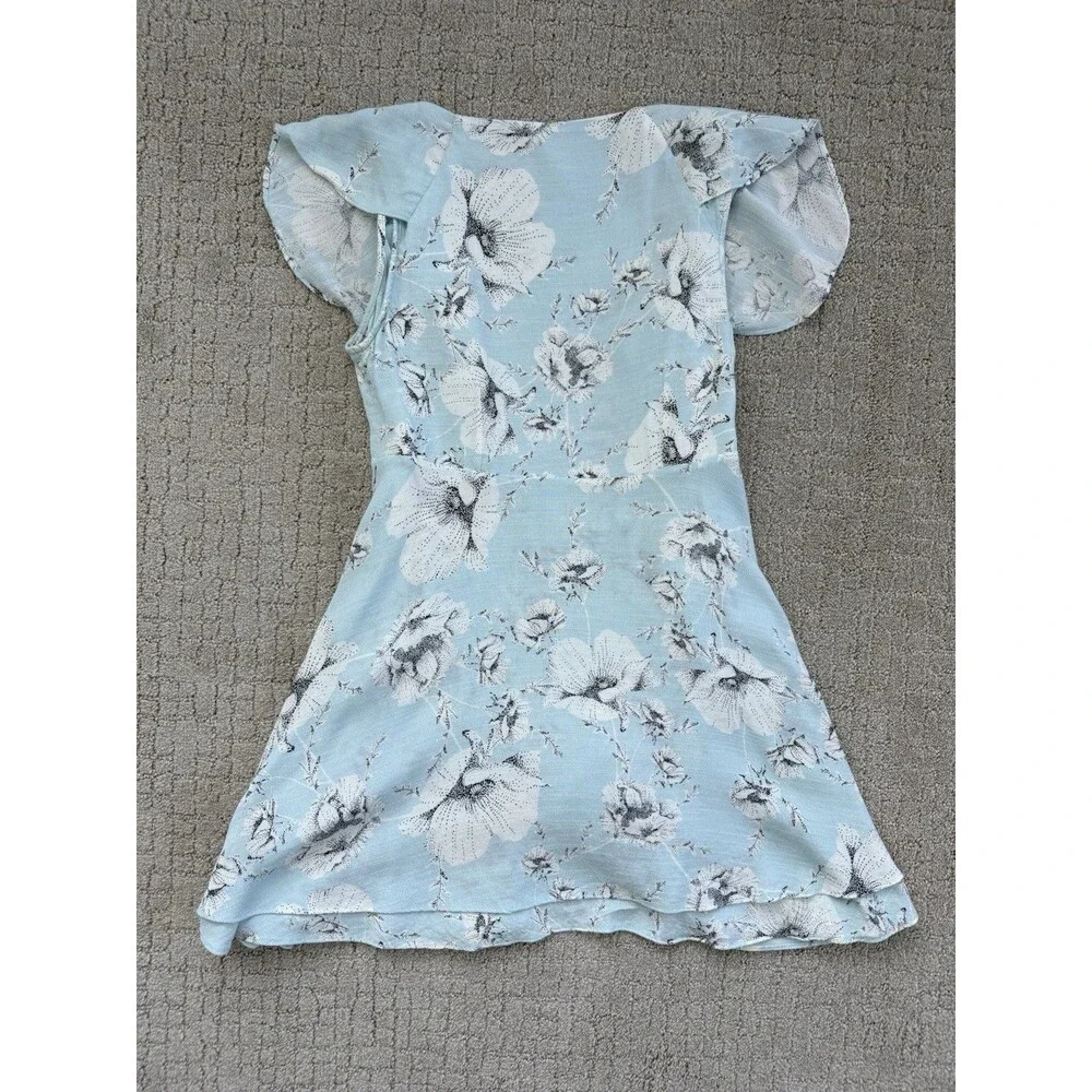 Free People French Quarter Wrap Dress M Blue White Floral Ruffle Boho Mini